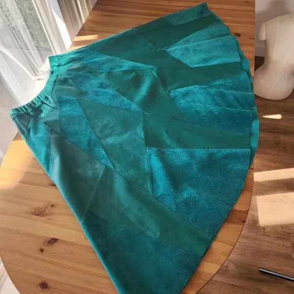 Vintage Green Leather Suede Midi Skirt Unique Geometric Artsy Fits M? SEE NOTE - Picture 4 of 11